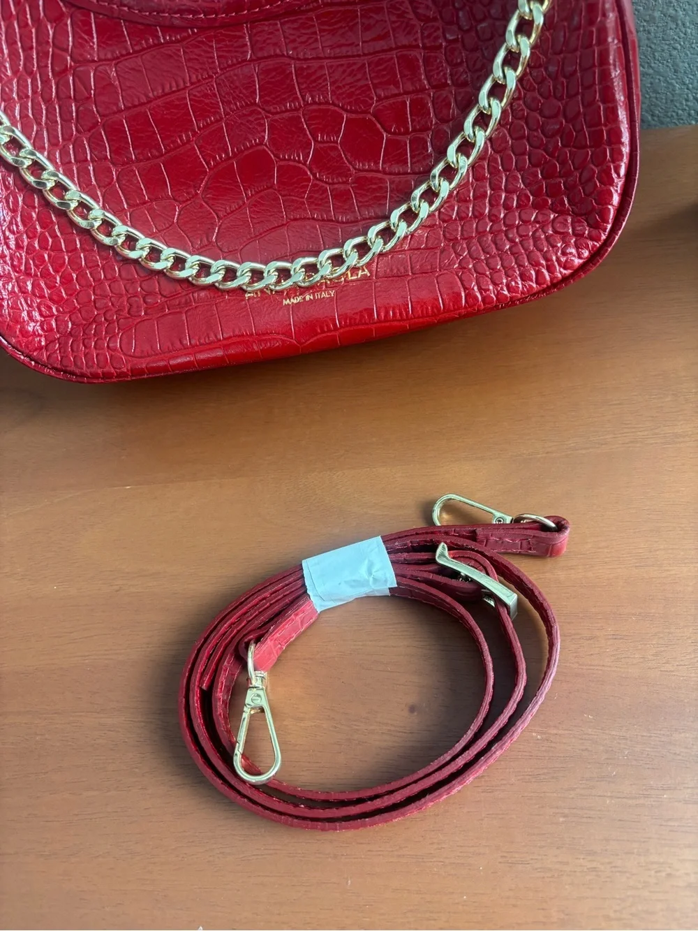 NWOT Red Croc-Embossed Italian Leather Shoulder Bag with Gold Chain